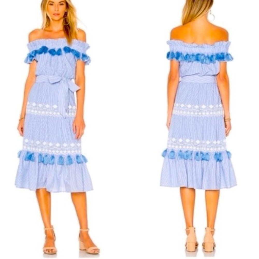 TULAROSA Lana Dress in Getty Stripe Light Blue Tassel Off Shoulder